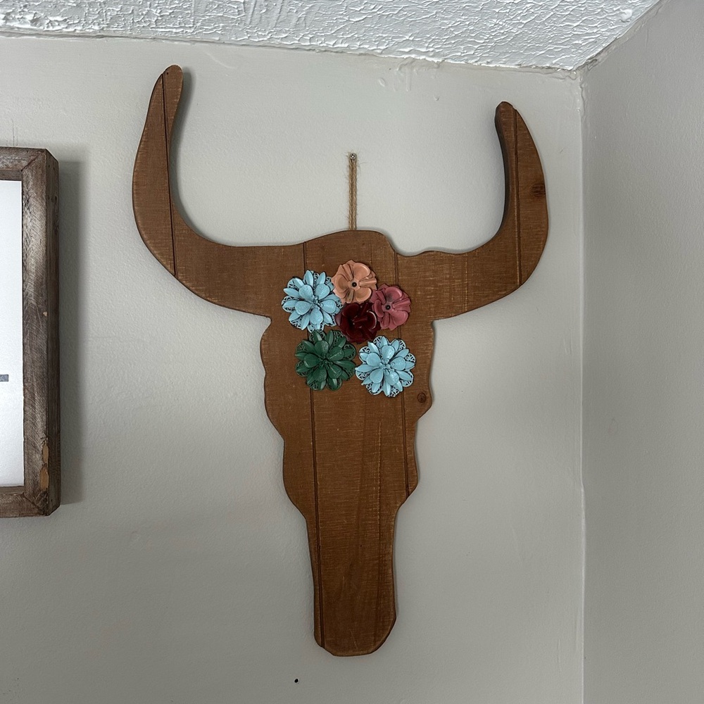 Rustic Bull Skull Wall Decor with Floral Accents